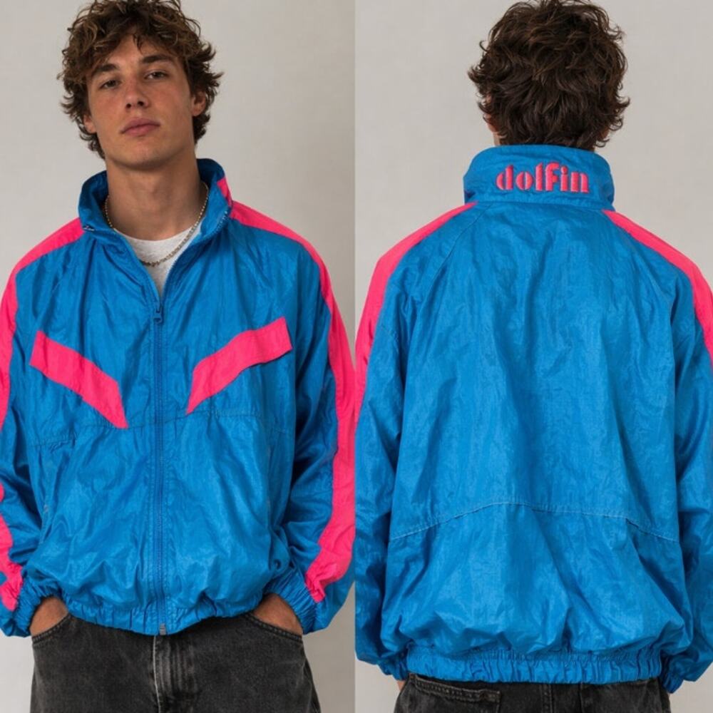 Vintage Dolfin Windbreaker Jacket Teal Pink Colorblock 80s Retro Track OS